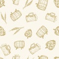 Beer Vector Seamless Background Pattern. Hand Drawn Hop, Barrel, Wheat Spicas and Mug Sketches. Octoberfest Celebration Royalty Free Stock Photo