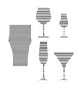 Beer wine, liquor, champagne, martini, and glass in minimalist linear style. Silhouette of glassware performed in the form of
