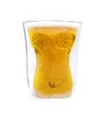 Beer in woman shape glass.