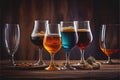 Beers bar drinks in different glasses wooden table