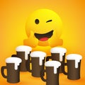 Beers - Smiling and Winking Emoticon Showing Thumbs Up - Simple Shiny Happy Emoticon with Lots of Beer Mugs on Yellow Background Royalty Free Stock Photo