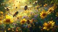 Bees Buzzing in a Sunlit Wildflower Meadow Royalty Free Stock Photo