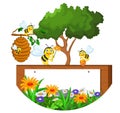 Bees cartoon holding flower and a beehive with blank sign Royalty Free Stock Photo