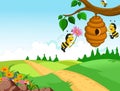 Bees cartoon holding flower and a beehive with forest background Royalty Free Stock Photo