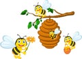 Bees cartoon holding flower and a beehive