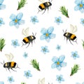Bees circling over blue flowers watercolor seamless pattern