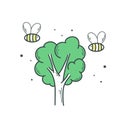 Bees circling on tree simple hand drawn illustration