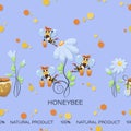 Bees collect honey. Natural product. Chamomile vector background, pattern. Swarm. Honey bees fly. Royalty Free Stock Photo