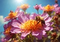 bees collect nectar from flowers on a sunny bright day, super realistic photo, vivid natural shades Royalty Free Stock Photo