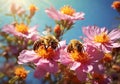 bees collect nectar from flowers on a sunny bright day, super realistic photo, vivid natural shades Royalty Free Stock Photo