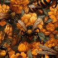 bees collecting honey on a flower field close-up