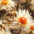 bees collecting honey on a flower field close-up