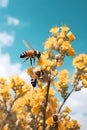 Bees collecting nectar on yellow flowers against blue sky background. Generative AI