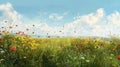 Bees dance over a sunlit field abundant with wildflowers, an ethereal scene of nature's harmony