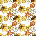 Bees and flowers and honeycomb seamless pattern Vector on orange background. Royalty Free Stock Photo