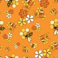 Bees and flowers and honeycomb seamless pattern Vector on orange background. Royalty Free Stock Photo