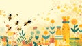 Bees with flowers and honeycombs on a cream backdrop. Illustrated honeybees in a floral and hive setting. Concept of Royalty Free Stock Photo