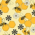 Bees and flowers seamless pattern Vector on yellow honeycomb background. Royalty Free Stock Photo