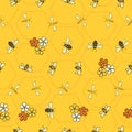 Bees and flowers seamless pattern Vector on yellow honeycomb background. Royalty Free Stock Photo