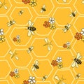 Honeycomb life Bees and flowers seamless pattern Vector on yellow honey comb background. Royalty Free Stock Photo