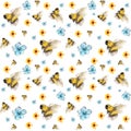 Bees and flowers watercolor print, seamless pattern in yellow and blue on white background, looks nice on fabrics, home textile