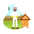 Bees Fly near Beekeeper. Beehive in Apiary. Vector Royalty Free Stock Photo