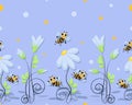 Bees fly. Swarm. Chamomile background, pattern. World Bee Day. Bee swarming, honey bees fly Royalty Free Stock Photo