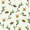 Bees fly among young twigs watercolor seamless pattern