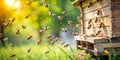 Bees flying around beehive Beekeeping concept Creative AI