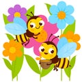 Bees flying around flowers. Vector illustration