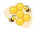 Bees flying over honeycomb. Cute pretty striped insects. Kids adorable creatures, honey packaging decoration. Adorable