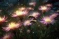 Bees flying over summer meadow with a shining flowers.AI generated