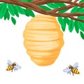 Bees are flying to the hive on a tree branch. Vector illustration