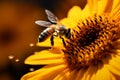 Bees gather sunflower nectar, dusted in yellow pollen, a pollination marvel Royalty Free Stock Photo
