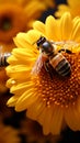 Bees gather sunflower nectar, dusted in yellow pollen, a pollination marvel Royalty Free Stock Photo