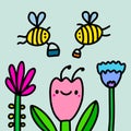 Bees gathering honey hand drawn vector illustration in cartoon comic style blooming summer garden Royalty Free Stock Photo