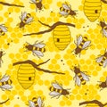 Bees, hives and honeycombs, colorful seamless pattern. Decorative background with insects