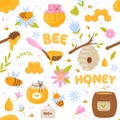 Bees honey seamless pattern. Healthy natural bee products, funny cartoon items, apiary and wild hives, honeycombs and Royalty Free Stock Photo