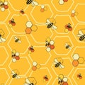 Bees and honeycombs seamless pattern Vector on yellow honeycomb background. Royalty Free Stock Photo