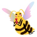 Fluffy Bee character with rainbow-tinted wings flying and holding hearts. Romantic cartoon Bee. Whimsical and stylized Royalty Free Stock Photo