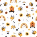 Bees in meadow seamless pattern Royalty Free Stock Photo