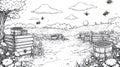 Beehive and Flying Bees in a Meadow Black and White Line Art Royalty Free Stock Photo