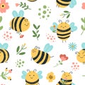 Bees seamless pattern. Cute hand drawn honey bees, flying yellow insects, flowers and honeybee doodle backdrop vector