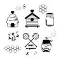 Bees set honey clipart sketch Hand drawn bee honey elements Hive honeycomb pot beekeeping set Royalty Free Stock Photo