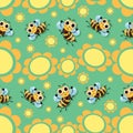 Bees swarm. Flowers glade, bees fly among the flowers. Green background. Seamless pattern Royalty Free Stock Photo