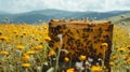 Bees swarm a hive amidst a vibrant field of flowers under a clear sky, illustrating nature's pollination process