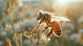 Bees swarming on flowers. Macro shot of a bee on a lotus flower. Recreation of bee between flowers at sunset Royalty Free Stock Photo