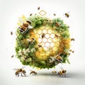 Bees Thriving on a Hexagonal Green World, Bee Paradise in a Hexagonal Green Habitat