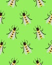 Bees, wasps and gadflies. Green seamless pattern. Design for postcards, prints, clothes. Registration of medicines and cosmetics