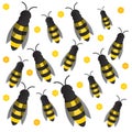 Bees, wasps and honeycombs with honey. Vector